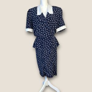 Vintage Liz Roberts Midi Dress Navy Print Peplum Waist